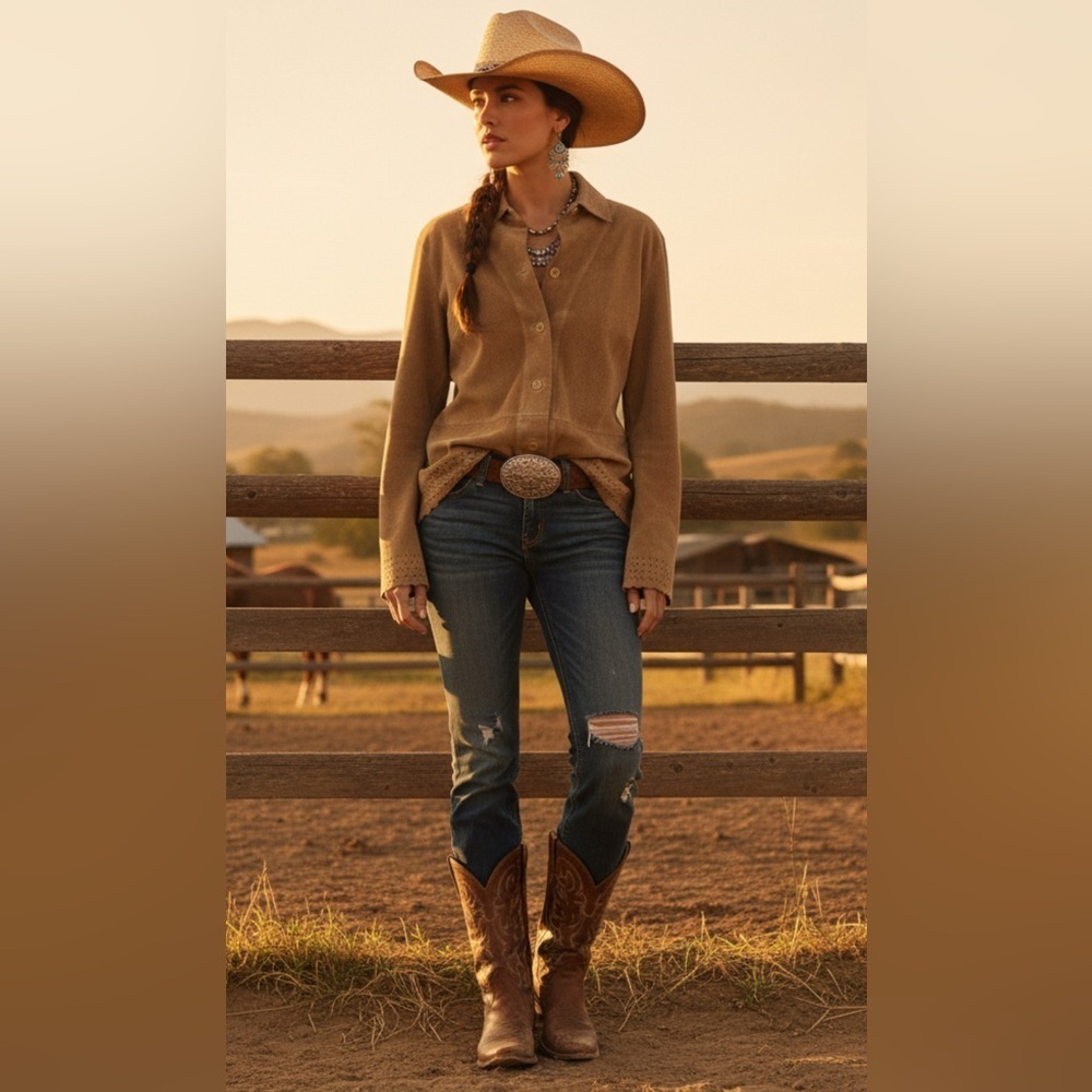 Field Gear Vtg Suede Button Up Shirt Size M Country Western Ranch Cowgirl Eyelet